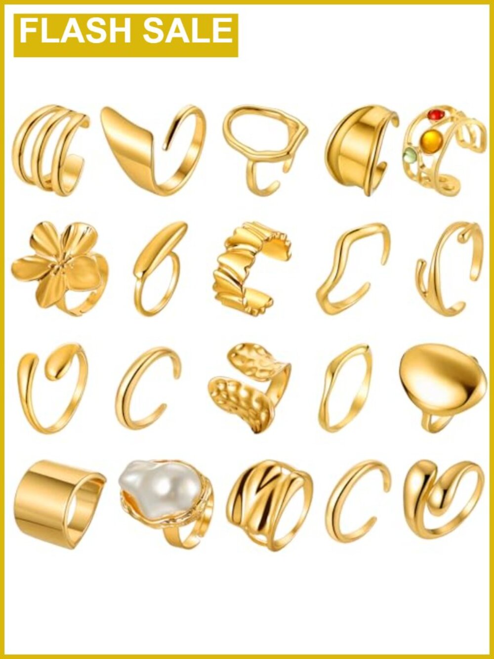 14k Gold Plated Adjustable Stacking Rings Set 20 Pc Chunky Statement Jewelry